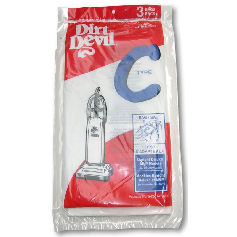 Pack of Dirt Devil Type C vacuum bags with red and white packaging on a white background
