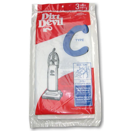 Pack of Dirt Devil Type C vacuum bags with red and white packaging on a white background