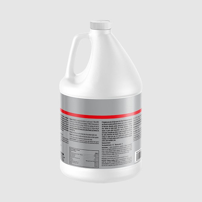 A white plastic gallon jug with a handle and a silver label featuring a red stripe, shown from a three-quarters angle on a light gray background.