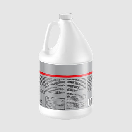 A white plastic gallon jug with a handle and a silver label featuring a red stripe, shown from a three-quarters angle on a light gray background.