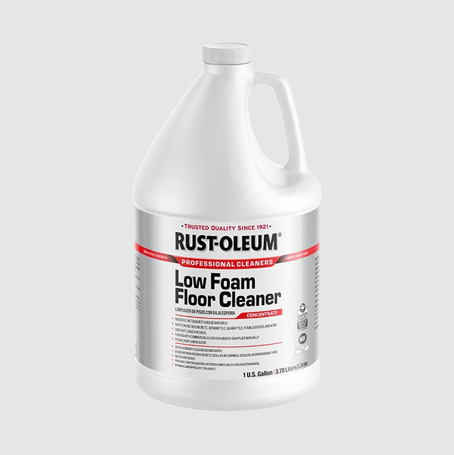 A 1-gallon white plastic jug of Rust-Oleum Low Foam Floor Cleaner with a white cap and a white, silver, and red label, shown on a light gray background.