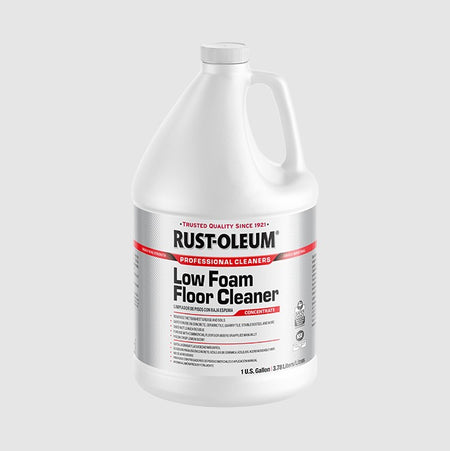 A 1-gallon white plastic jug of Rust-Oleum Low Foam Floor Cleaner with a white cap and a white, silver, and red label, shown on a light gray background.