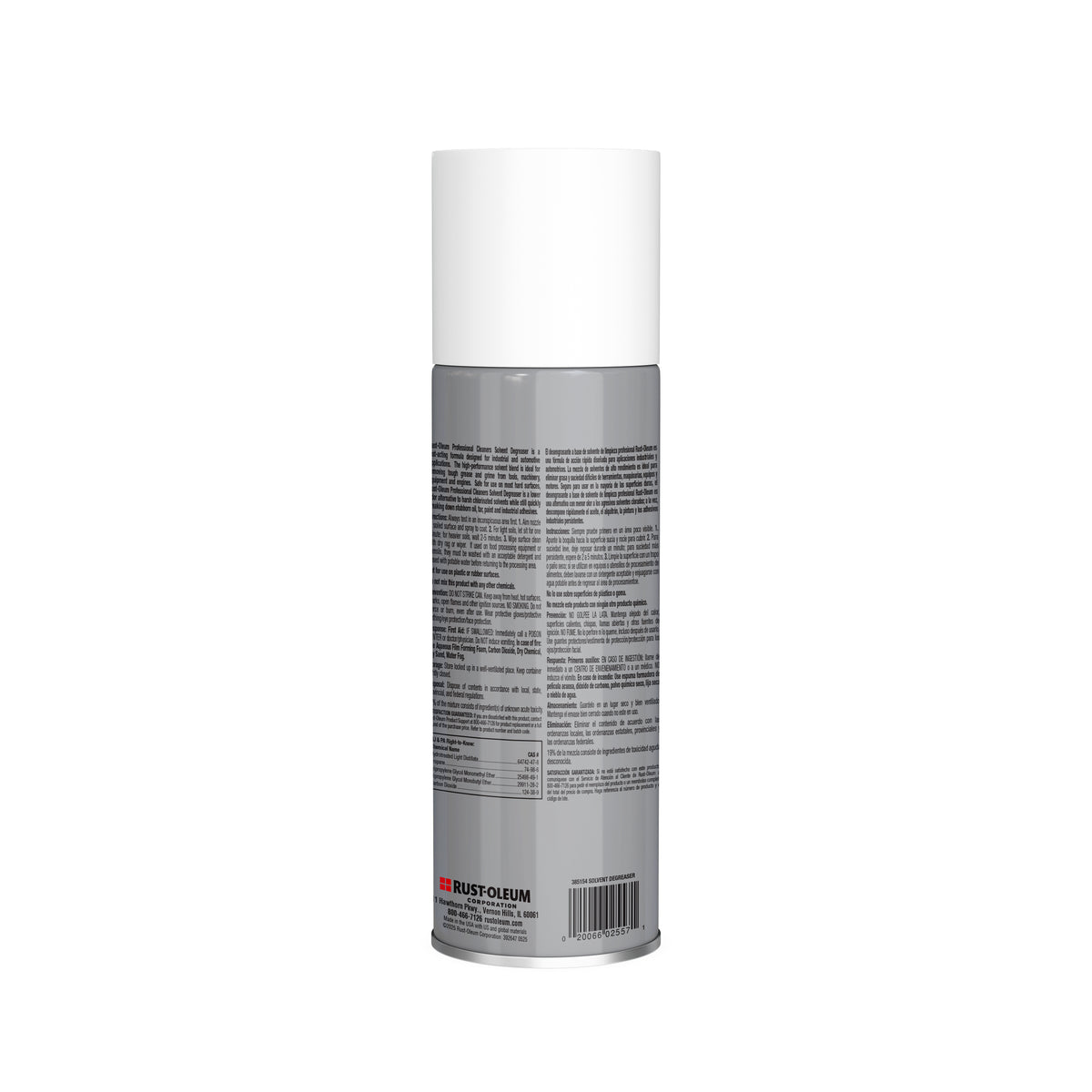 A can of Rust-O-Mine White Fast-Curing Primer spray paint, shown from the back on a solid white background.