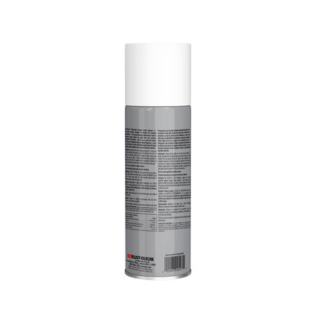 A can of Rust-O-Mine White Fast-Curing Primer spray paint, shown from the back on a solid white background.