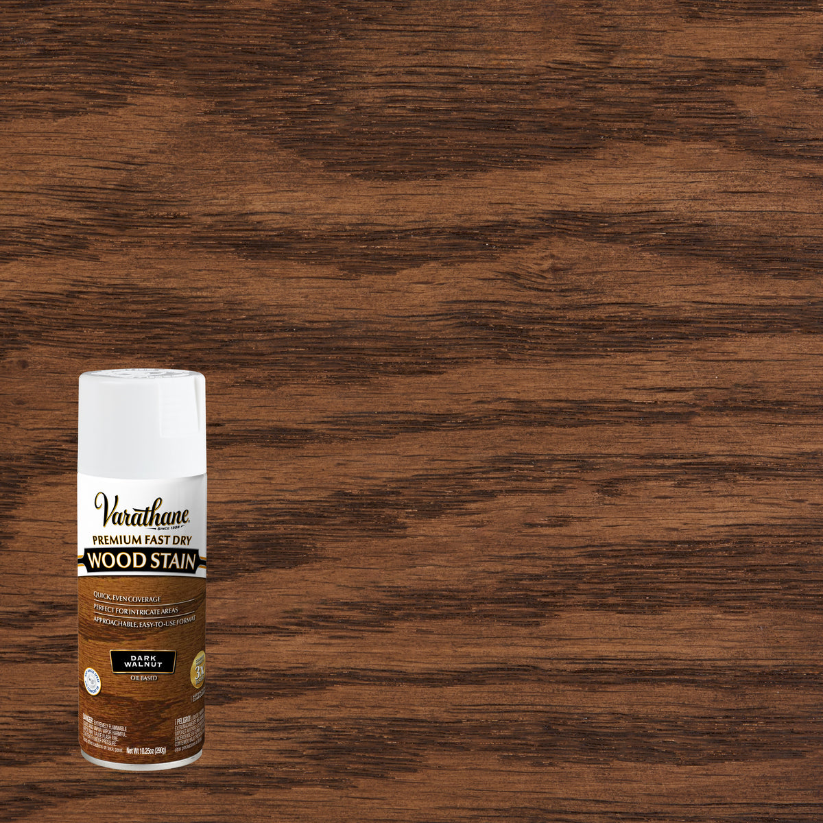 A can of Varathane Premium Fast Dry Wood Stain in the Dark Walnut color, shown against a large background of the stained wood grain texture.