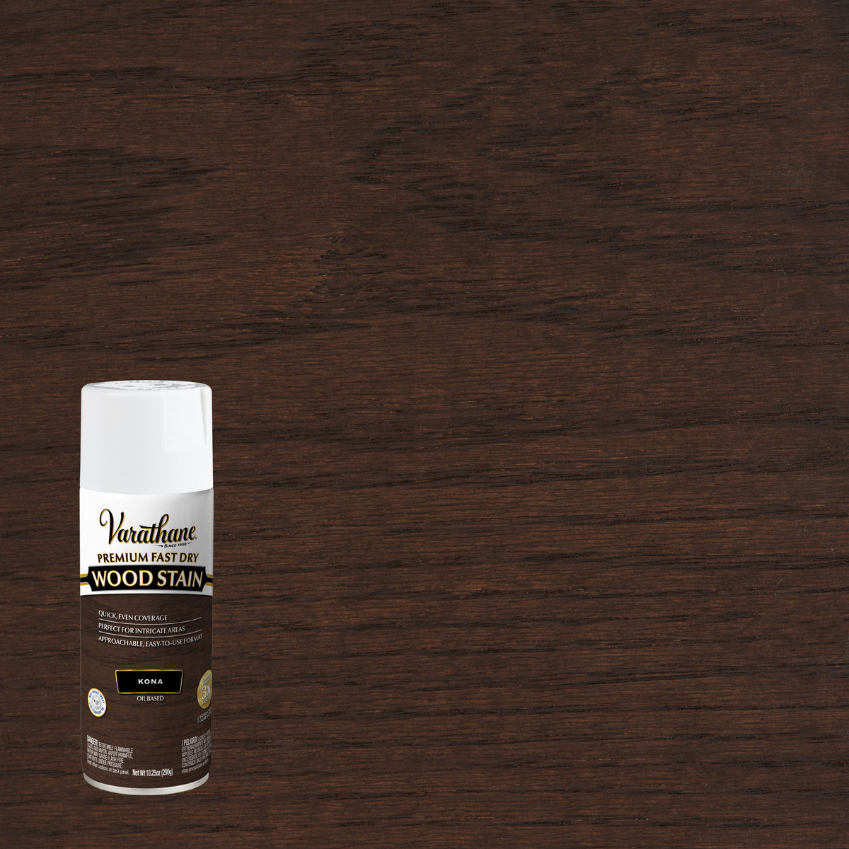 A can of Varathose Premium Fast Dry Wood Stain in the color Kona shown against a dark brown wood grain background.