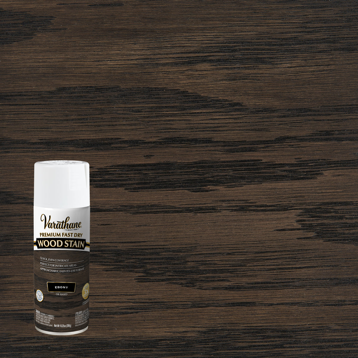 A can of Varathane Premium Fast Dry Wood Stain in the Ebony color, shown against a large background of the stained wood grain texture.