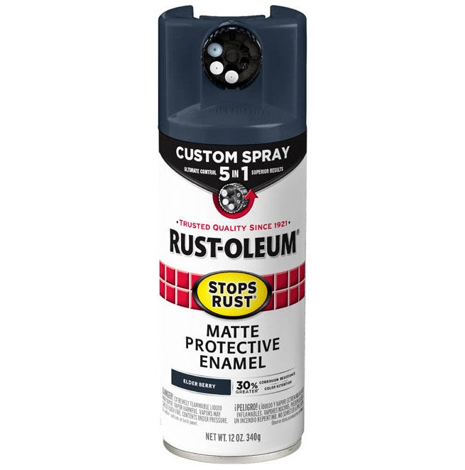 A can of Rust-Oleum Stops Rust Matte Protective Enamel spray paint in a silver can with an elderberry cap, on a plain white background.