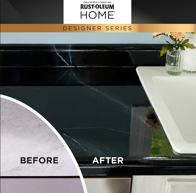 Rust-Oleum Home Designer Series countertop finish shown installed in a kitchen setting, with a glossy black surface featuring subtle white veining. A white sink is visible on the right, and a circular inset at lower left shows a before-and-after comparison of the countertop finish.
