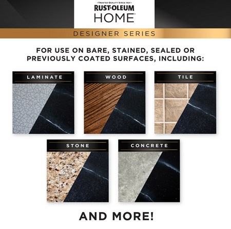 Rust-Oleum Home Designer Series surface protector graphic showing five sample categories: Laminate, Wood, Tile, Stone, and Concrete, each with a diagonal black protective coating sample on top and a textured underlying surface below. Text at the top reads 'Rust-Oleum Home Designer Series' and text at the bottom reads 'AND MORE!'.