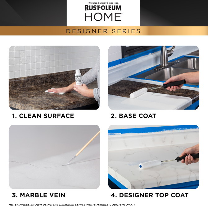Rust-Oleum Home Designer Series countertop kit application guide showing four steps: 1. Clean surface, 2.