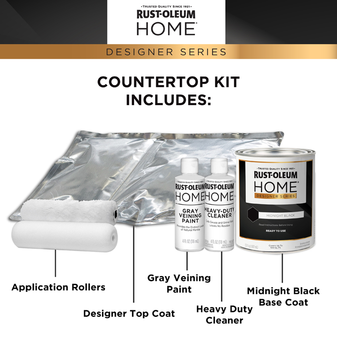 Rustoleum Home Designer Series countertop kit contents on a white background, including an application roller, gray veining paint, two bottles of heavy duty cleaner, and a can of Midnight Black base coat, with labels pointing to each item.