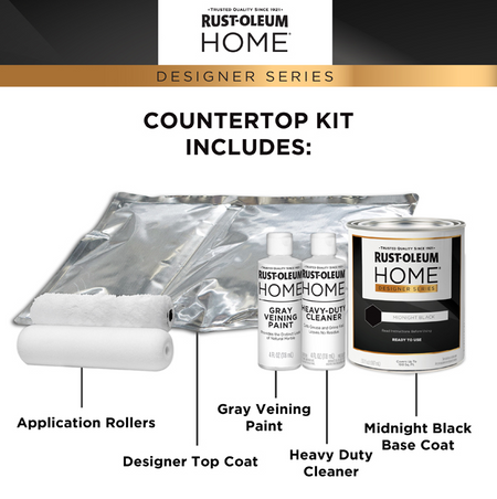 Rustoleum Home Designer Series countertop kit contents on a white background, including an application roller, gray veining paint, two bottles of heavy duty cleaner, and a can of Midnight Black base coat, with labels pointing to each item.