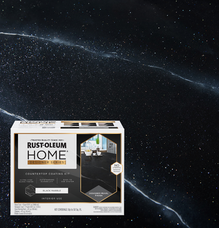 Rust-Oleum Home Countertop Coating Kit in a black marble finish, shown in its retail box against a dark starry space background.