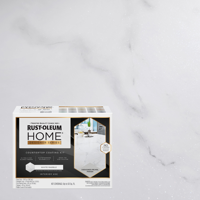 Rustoleum Home Countertop Coating Kit in a white marble finish, shown in its retail box against a white marble background.