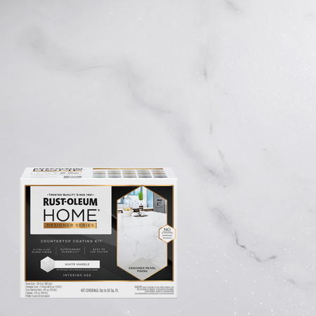 Rustoleum Home Countertop Coating Kit in a white marble finish, shown in its retail box against a white marble background.