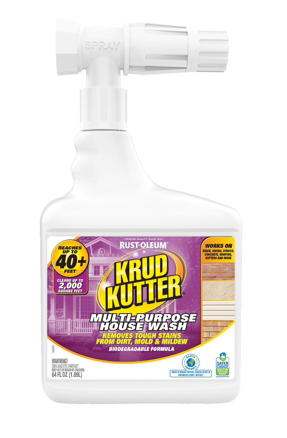 A white plastic spray bottle of Krud Kutter Multi-Purpose House Wash with a white spray nozzle, featuring a purple and yellow label on a white background.