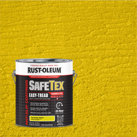 A can of Rust-Oleum Safetex Easy-Anti-Slip Coatings in Flat Safety Yellow, shown in front of a textured yellow background.