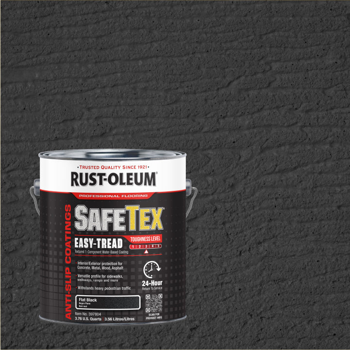 A can of Rust-Oleum Safetex Easy-Tread anti-slip outdoor coatings in the color 'Black' is shown in the foreground against a textured wall background.