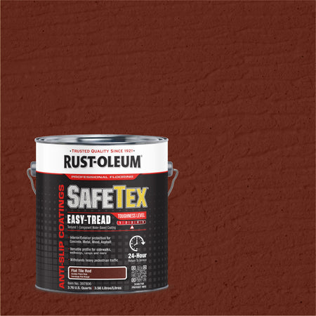 A can of Rust-Oleum SafeTex Easy-Tread anti-slip coatings paint in Flat Tile Red, shown against a textured background of the same paint color.