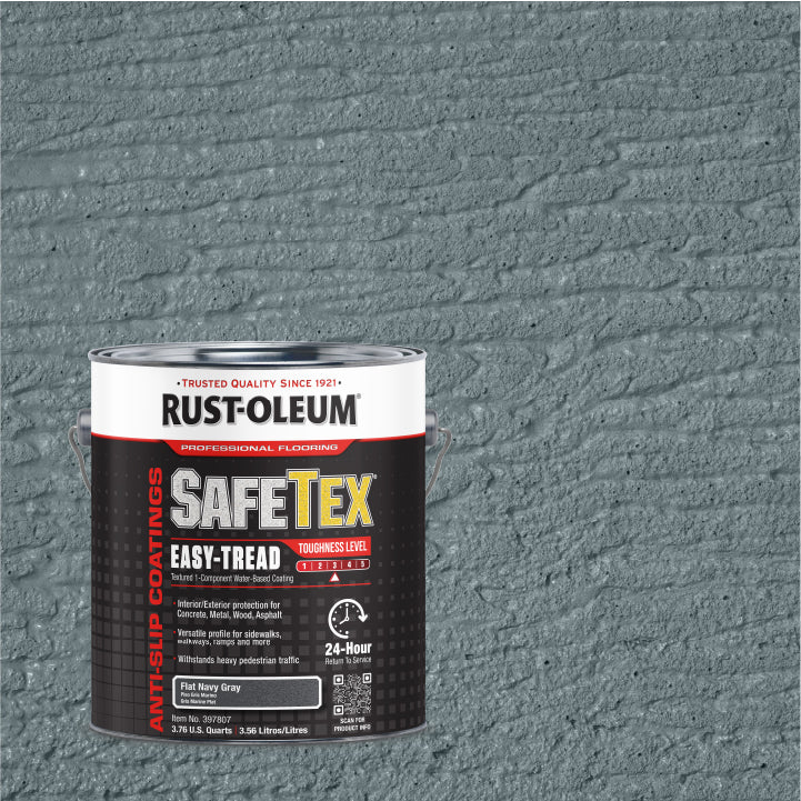 A can of Rust-Oleum Safetex Easy-Tread anti-slip coatings in the color Flat Navy Gray, shown against a textured background of the same paint color.