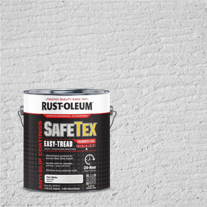 A can of Rust-Oleum Safetex Easy-Tread anti-slip coatings in the color Flat White, shown in a metal paint can against a white textured brick wall background.