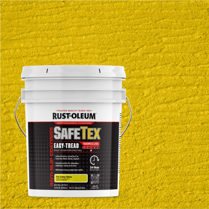 A white plastic paint bucket of Rust-Oleum SafeTex Easy-Tread with a bright yellow paint, set against a matching textured yellow background.