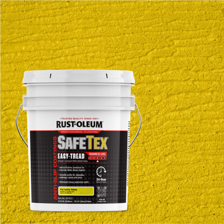 A white plastic paint bucket of Rust-Oleum SafeTex Easy-Tread with a bright yellow paint, set against a matching textured yellow background.