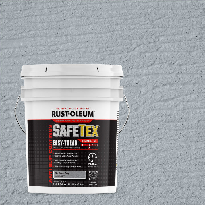 A white 5-gallon bucket of Rust-Oleum SafeTex Easy-Tread industrial coating, set against a textured gray concrete wall background.