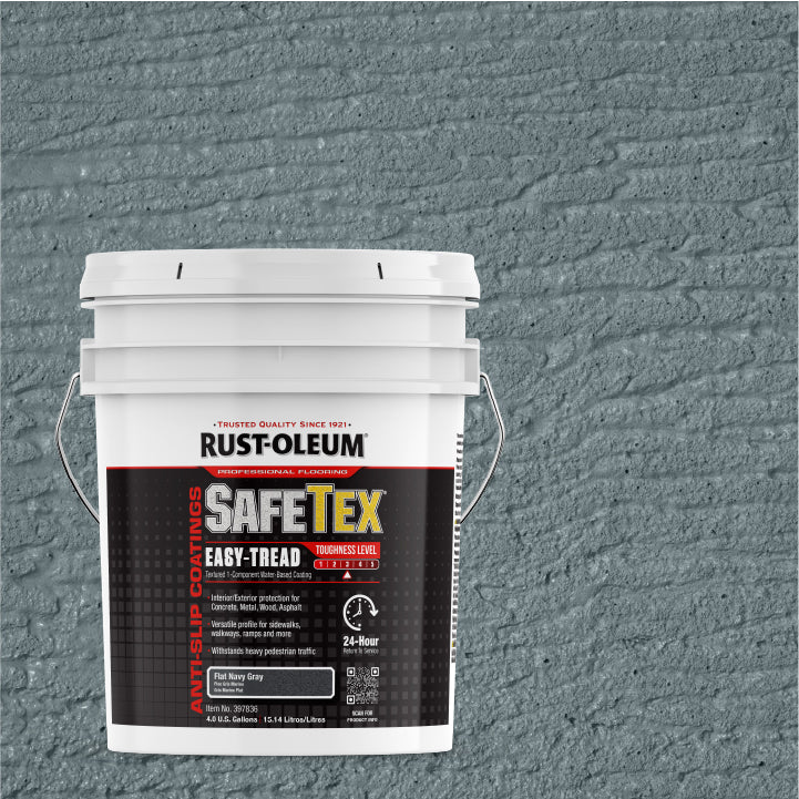 A white bucket of Rust-Oleum SafeTex Easy-Tread Textured Paint, shown against a textured gray wall background.