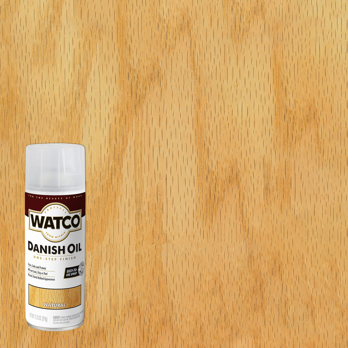 A can of Watco Danish Oil wood finish in the Natural shade, shown against a background of the same light natural wood grain texture.