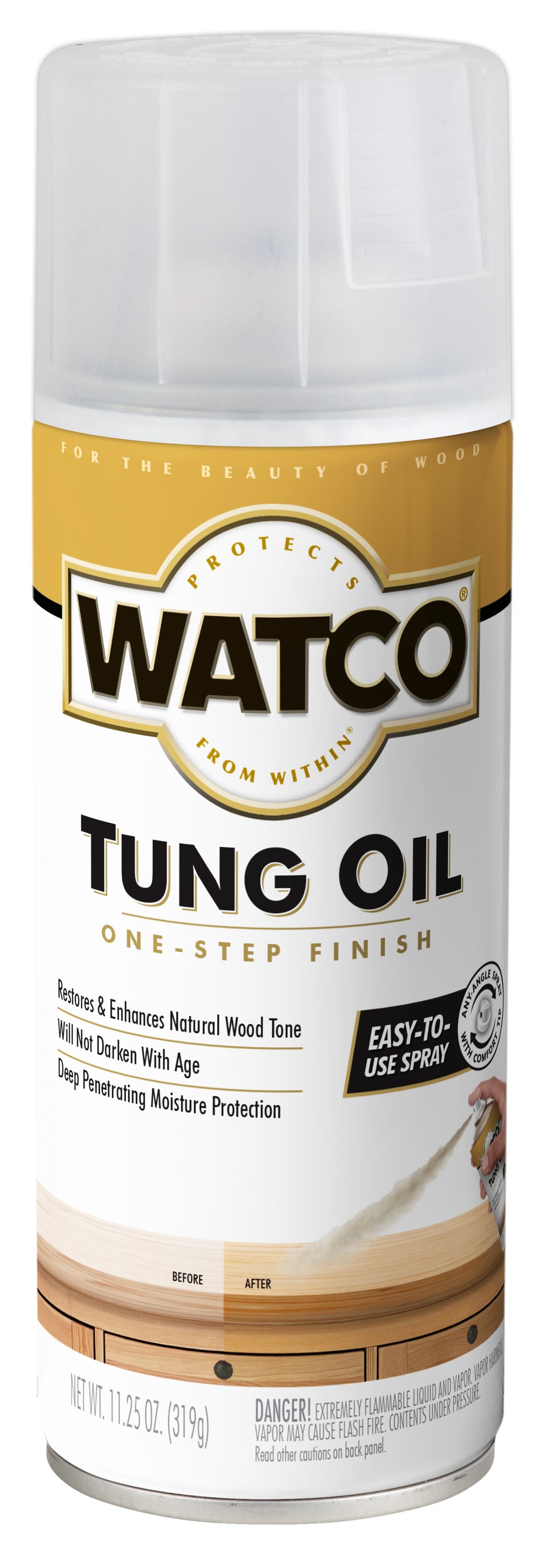 A can of Watco Tung Oil One-Step Finish spray paint, featuring a white plastic container with a gold and white label, set against a plain white background.