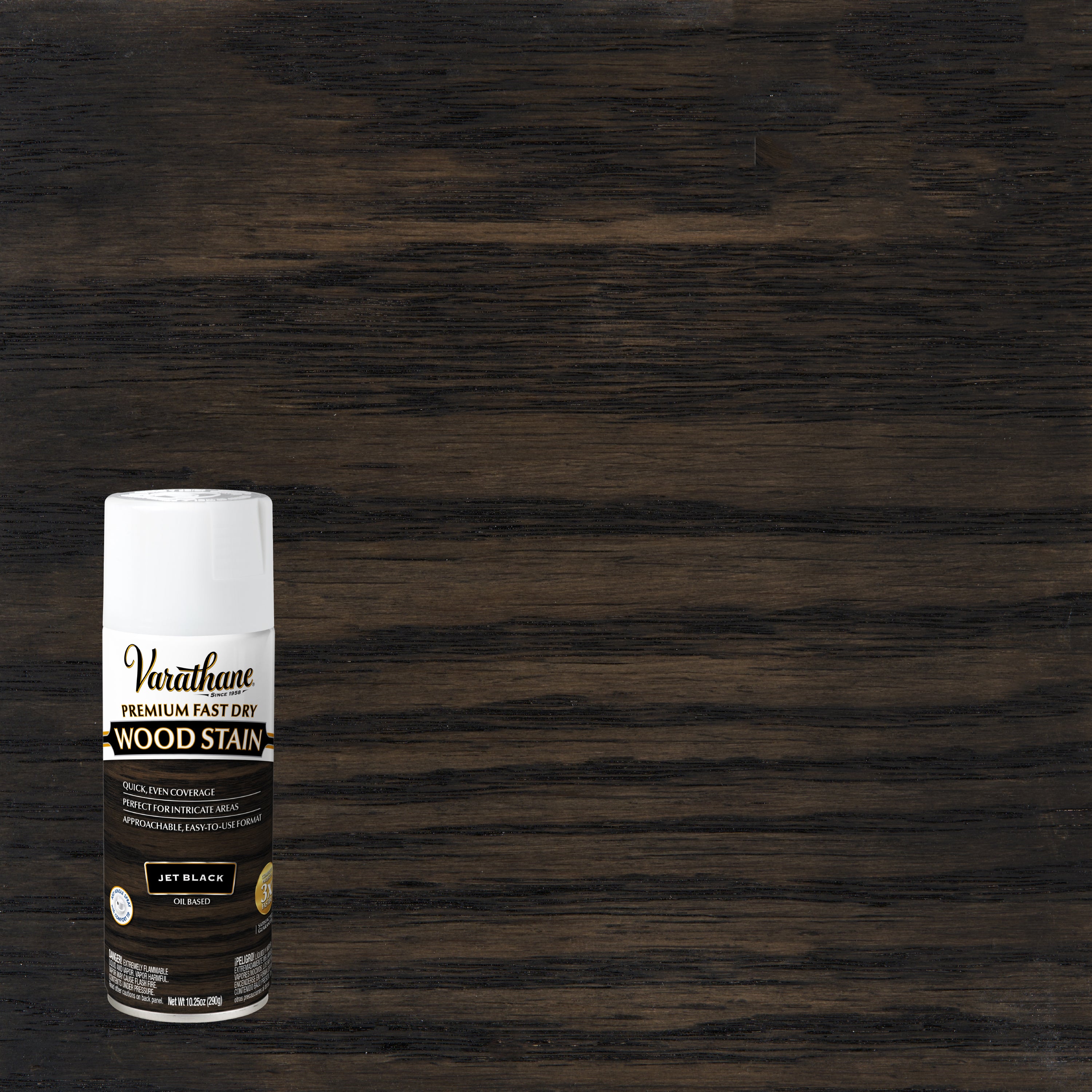 A can of Varathose Premium Fast Dry Wood Stain in the color Jet Black, shown against a dark wood grain background that demonstrates the stain's effect.