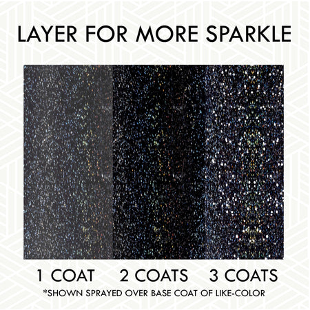 A product information graphic showing three vertical panels labeled 1 coat, 2 coats, and 3 coats, demonstrating a sparkling glitter or reflective powder applied over a dark base. Large text at the top reads 'LAYER FOR MORE SPARKLE' and smaller text at the bottom says the result is shown sprayed over a base coat of like color.