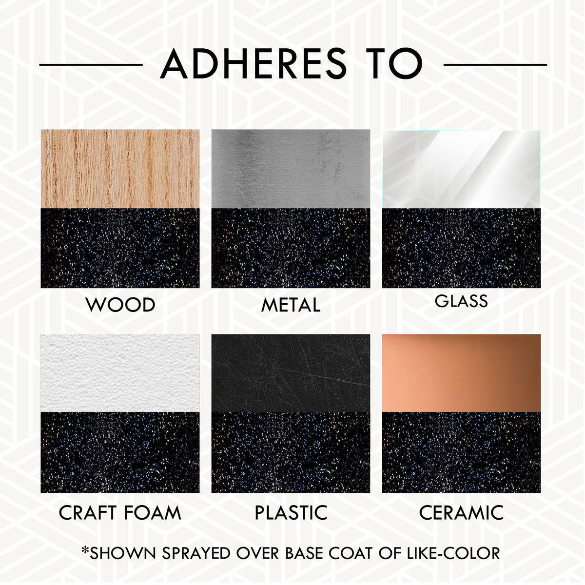 A product graphic showing the adhesive coating's compatibility with various surfaces, labeled 'ADHERES TO' with six swatches: wood, metal, glass, craft foam, plastic, and ceramic, each with the lower half covered in a black glittery adhesive finish.