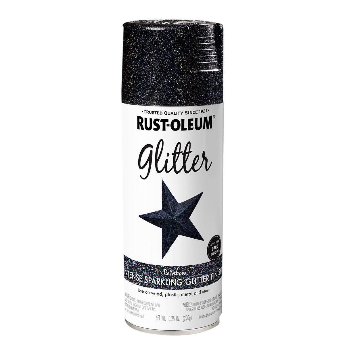 A can of Rust-Oleum glitter spray paint in the shade Rainbow. The can features a white label with a black star logo and a black glittery cap, set against a plain white background.