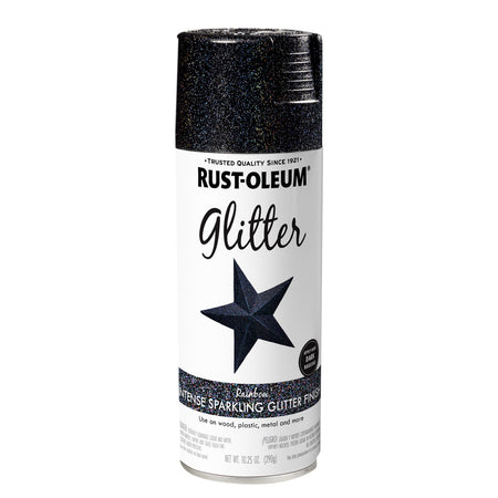 A can of Rust-Oleum glitter spray paint in the shade Rainbow. The can features a white label with a black star logo and a black glittery cap, set against a plain white background.