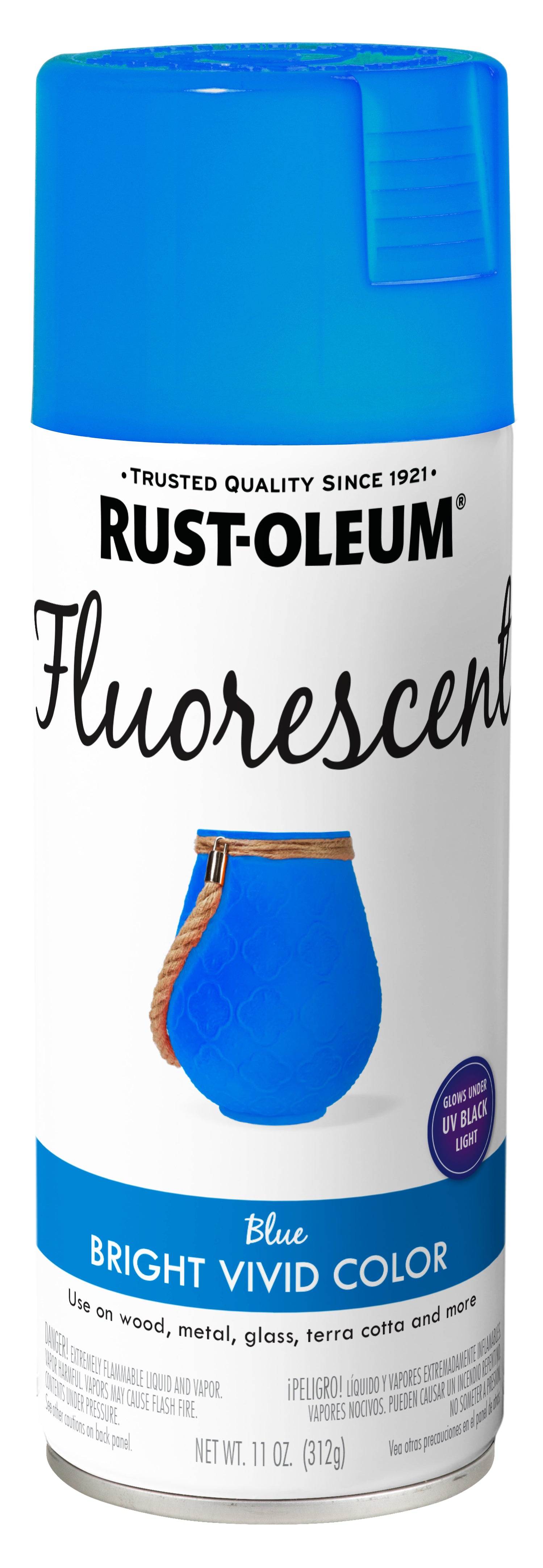 A can of Rust-Oleum Fluorescent spray paint in the color Blue, featuring a bright blue cap and a white label with blue accents.
