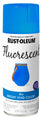 A can of Rust-Oleum Fluorescent spray paint in the color Blue, featuring a bright blue cap and a white label with blue accents.