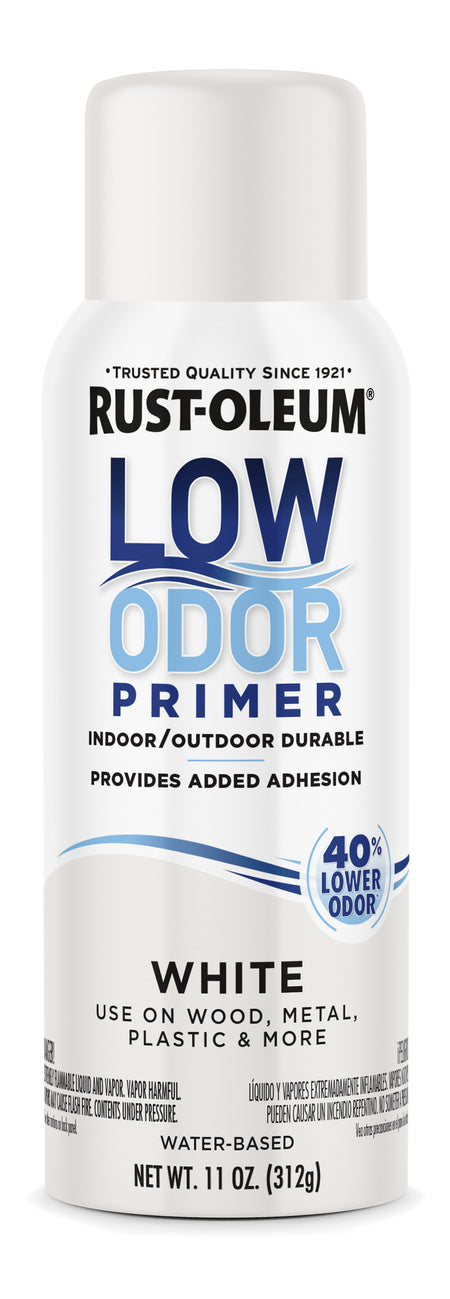 A white canister of Rust-Oleum Low Odor Primer, featuring blue and black text on a clean white background.