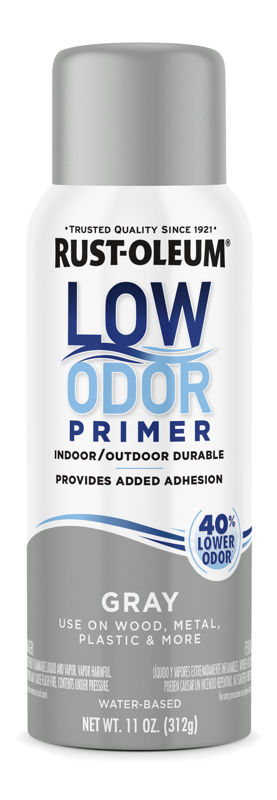 A can of Rust-Oleum Low Odor Primer in Gray, featuring a white and gray label with blue text, on a plain white background.