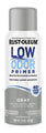 A can of Rust-Oleum Low Odor Primer in Gray, featuring a white and gray label with blue text, on a plain white background.