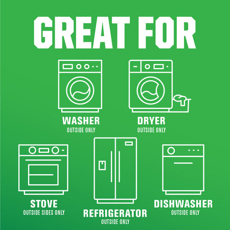 Green background with white line drawings of appliances and text indicating cleaning instructions.
