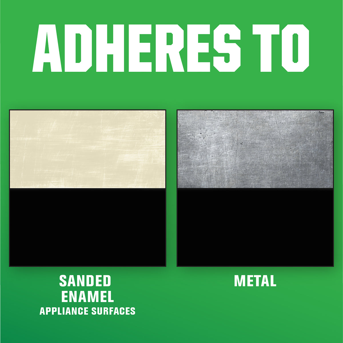 A green informational graphic with large white text reading 'ADHERES TO' above two rectangular material swatches. The left swatch is split into a warm cream upper section labeled 'SANDED ENAMEL APPLIANCE SURFACES' and a black lower section.