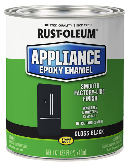 A 1 qt can of Rust-Oleum Appliance Epoxy Enamel in Gloss Black, featuring a green and white label with a blue logo banner and a black refrigerator graphic.