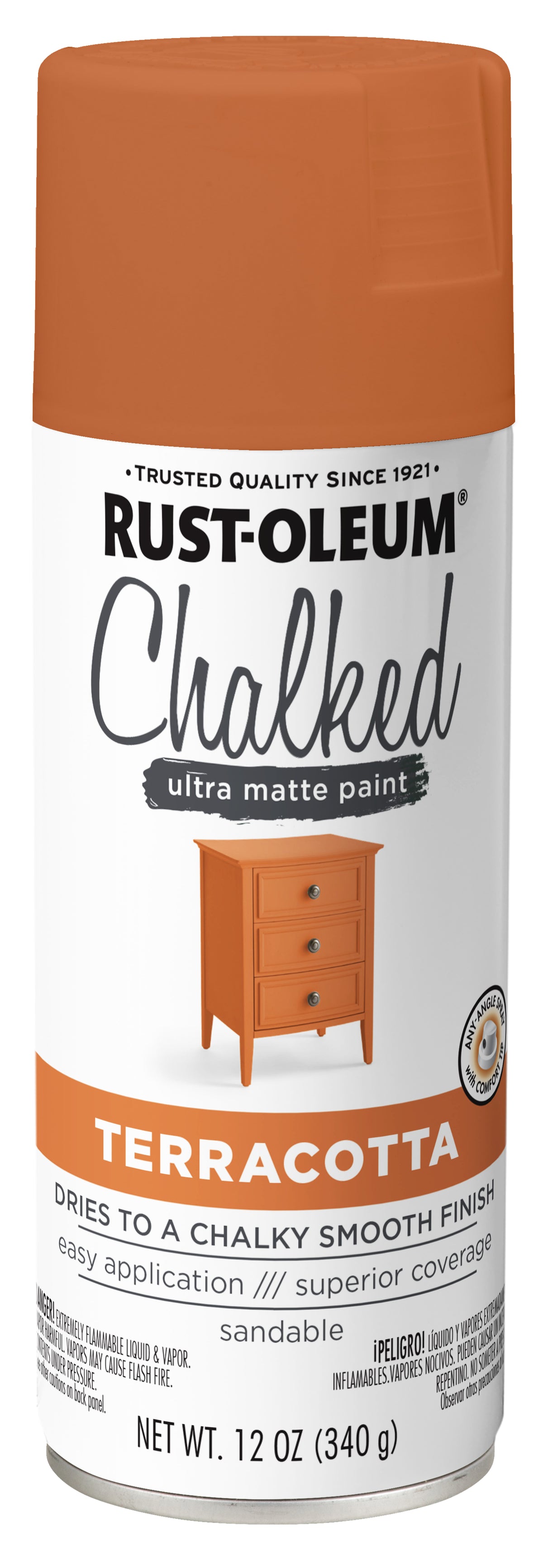 Rust-Oleum Chalked Paint spray paint can in Terracotta, 12 oz. The can features a terracotta-colored top and a white label with the brand name and a small picture of an orange-brown wooden chest.