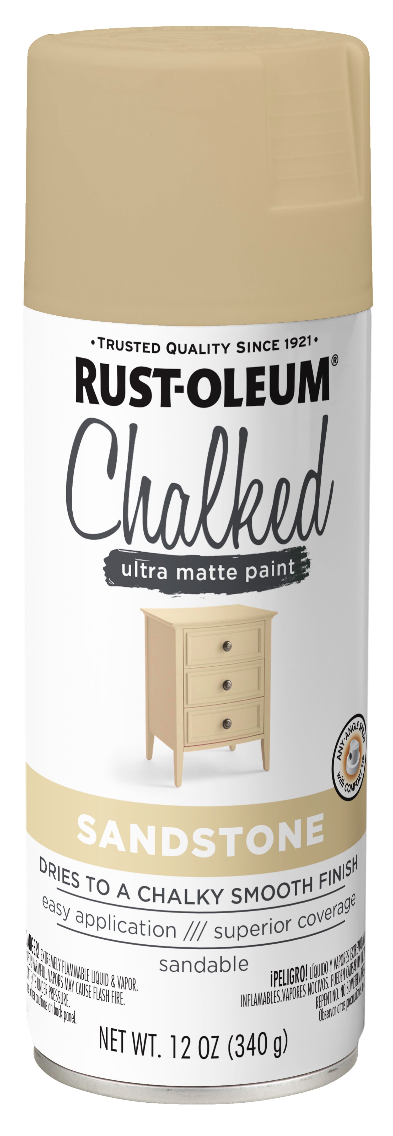 Rust-Oleum Chalked spray paint can in Sandstone, showing a light beige spray can with a white label and a small wooden cabinet illustration.