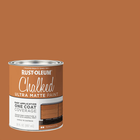 A can of Rust-Oleum Chalked Ultra Matte Paint in Terracotta, shown on a solid terracotta-colored background. The can features a terracotta-colored label with white text and a white lower section displaying product details and a small wood finish sample.