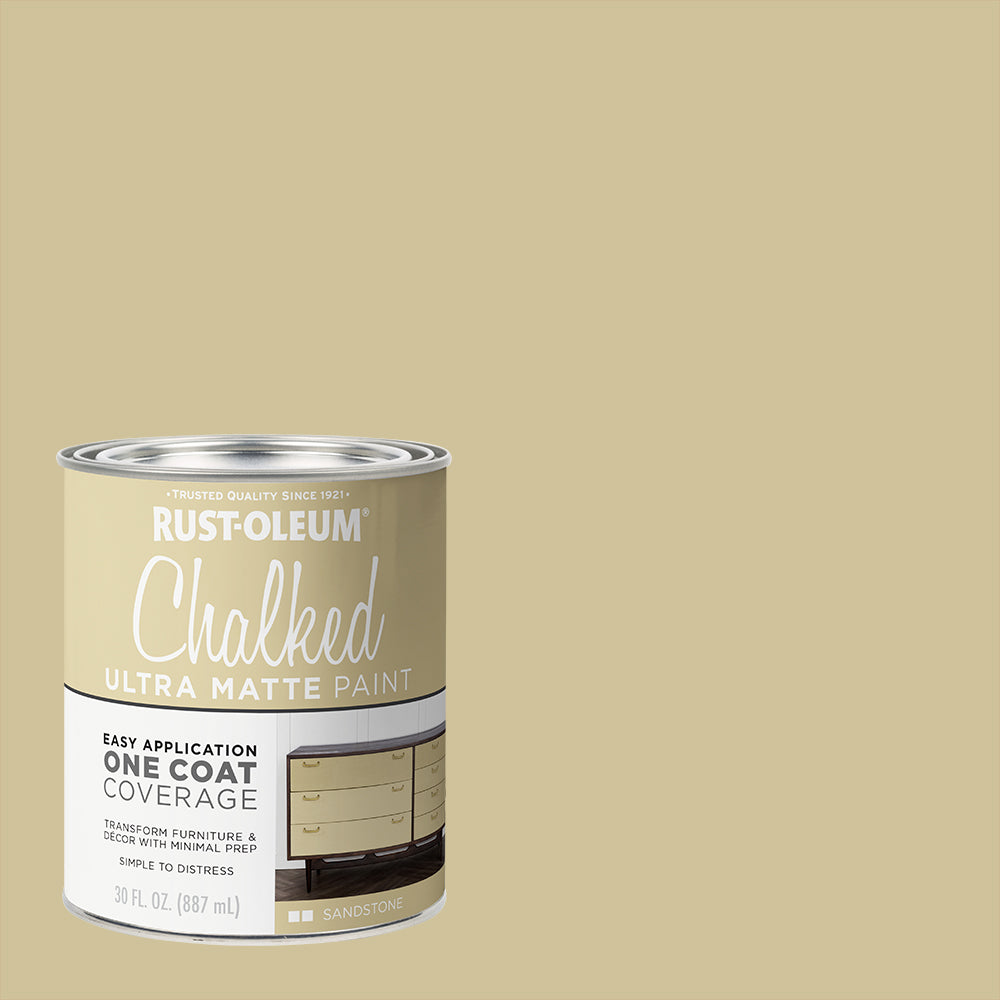 A can of Rust-Oleum Chalked Ultra Matte Paint in a warm beige/taupe color, shown against a matching solid background. The label features white and silver text and graphics.