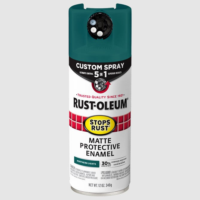 A can of Rust-Oleum Stops Rust Matte Protective Enamel spray paint in the Northern Lights colorway, shown against a light gray background.